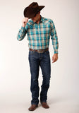 Roper Mens Long Sleeve Snap Sandy Turquoise Plaid Western Shirt - Roper