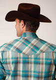 Roper Mens Long Sleeve Snap Sandy Turquoise Plaid Western Shirt - Roper