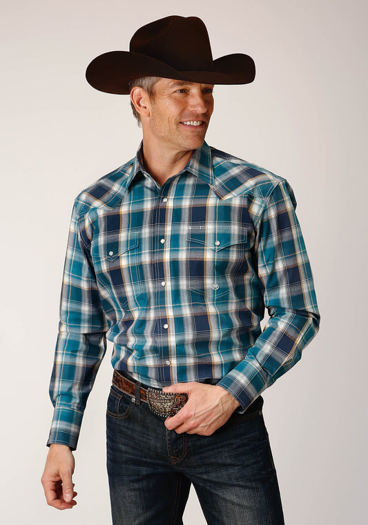 Roper Mens Long Sleeve Snap Blueberry Plaid Western Shirt - Roper