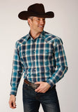Roper Mens Long Sleeve Snap Blueberry Plaid Western Shirt - Roper
