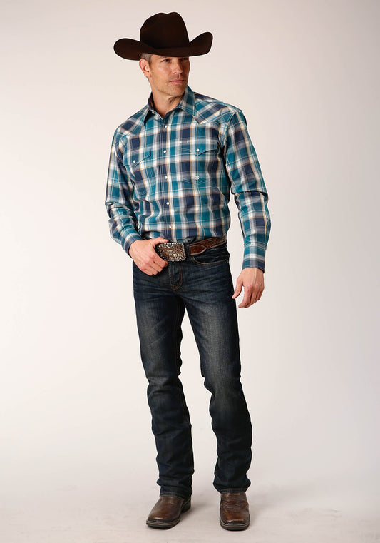 Roper Mens Long Sleeve Snap Blueberry Plaid Western Shirt - Roper
