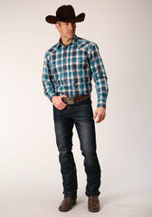 Roper Mens Long Sleeve Snap Blueberry Plaid Western Shirt - Roper
