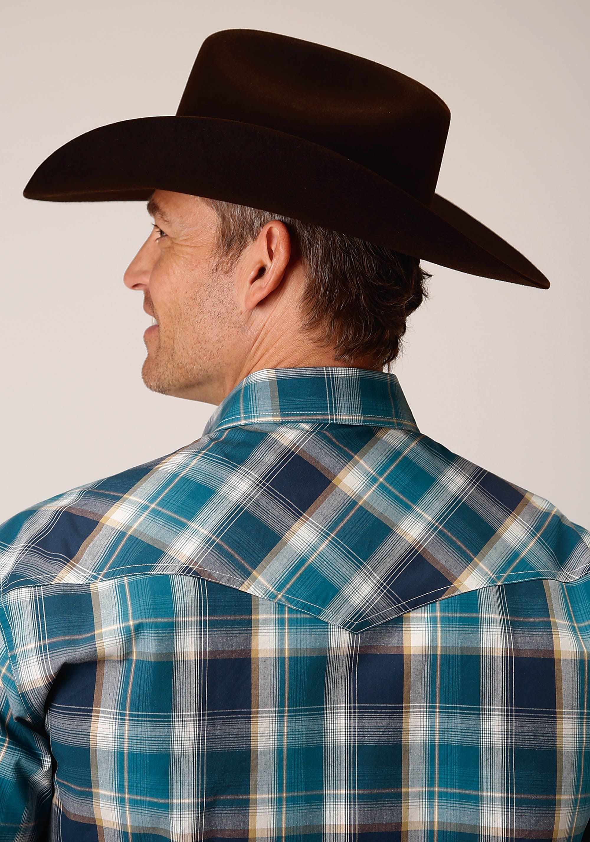 Roper Mens Long Sleeve Snap Blueberry Plaid Western Shirt - Roper