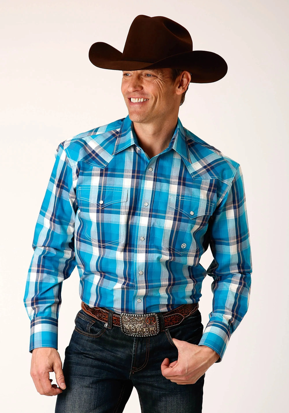 Roper Mens Long Sleeve Snap Blue Moon Plaid Western Shirt - Roper