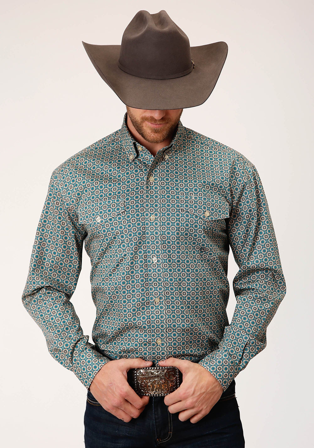 Roper Mens Long Sleeve Button Teal Foulard Western Shirt - Roper