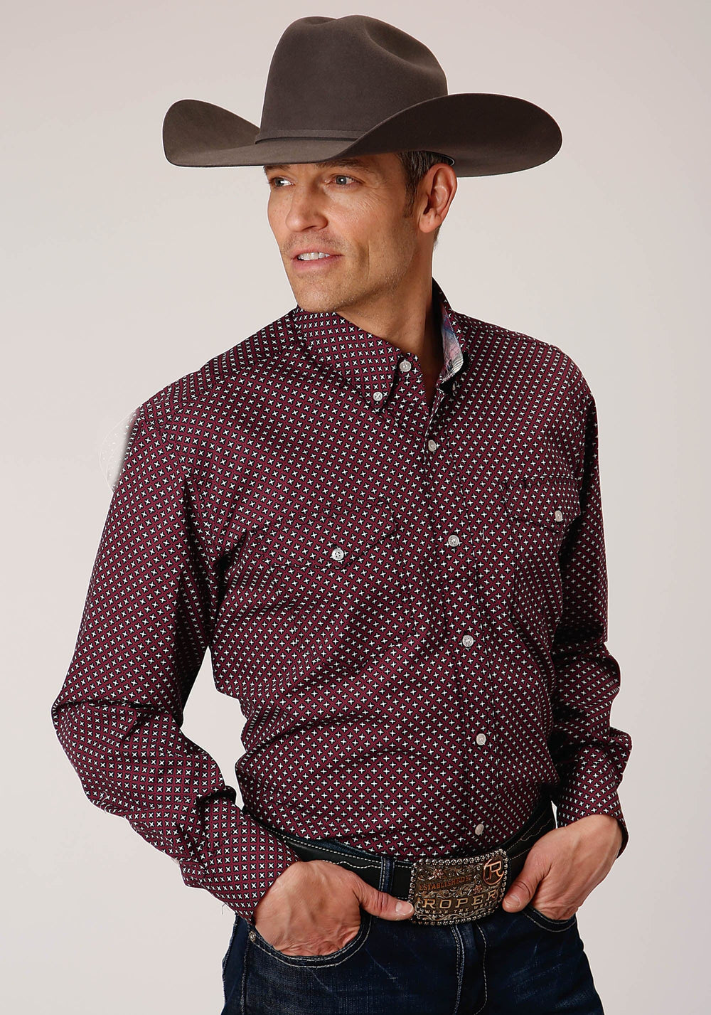 Roper Mens Long Sleeve Button Wine Star Geo Western Shirt - Roper