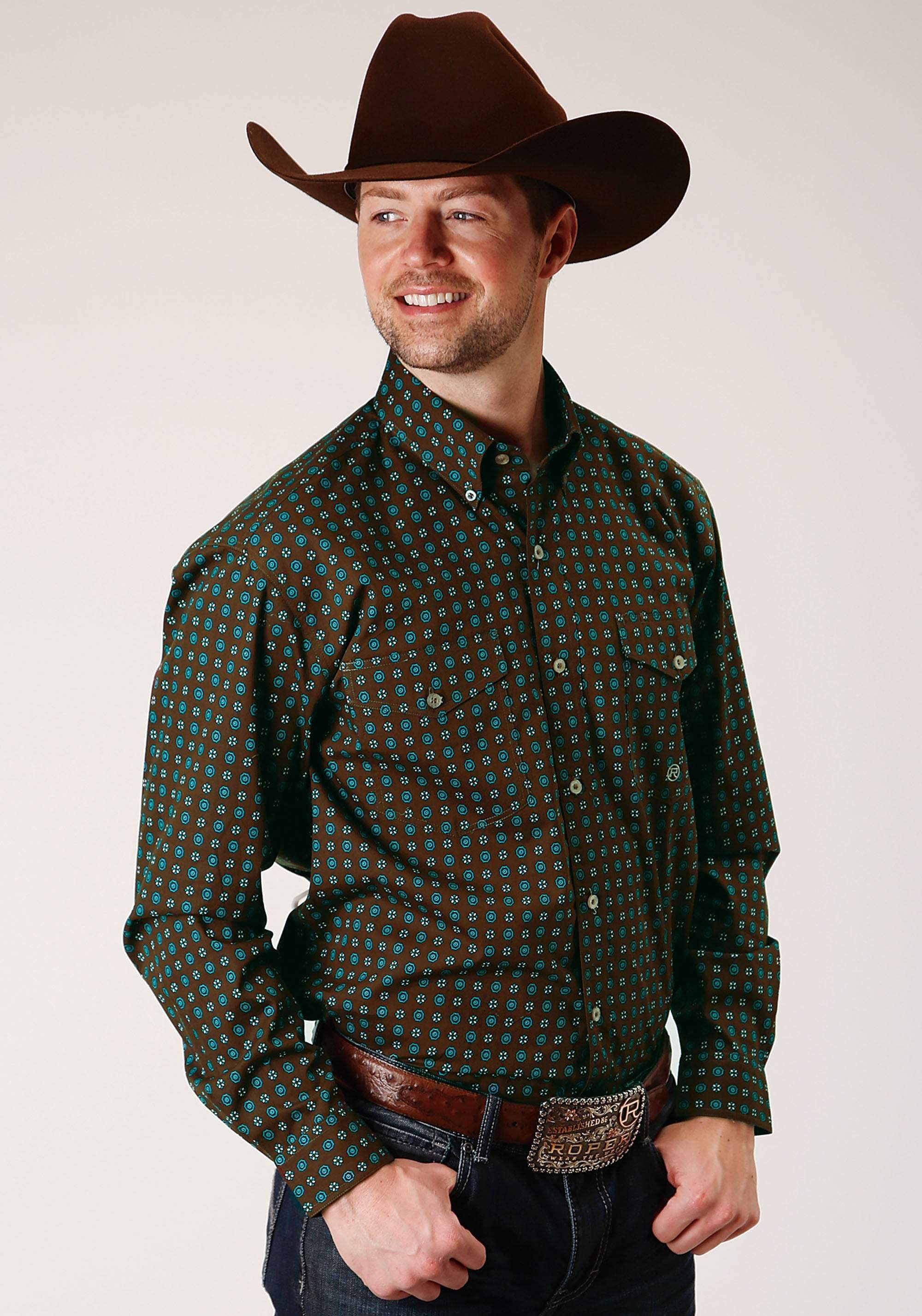 Roper Mens Long Sleeve Button Chocolate Agave Foulard Western Shirt - Roper - Flyclothing LLC
