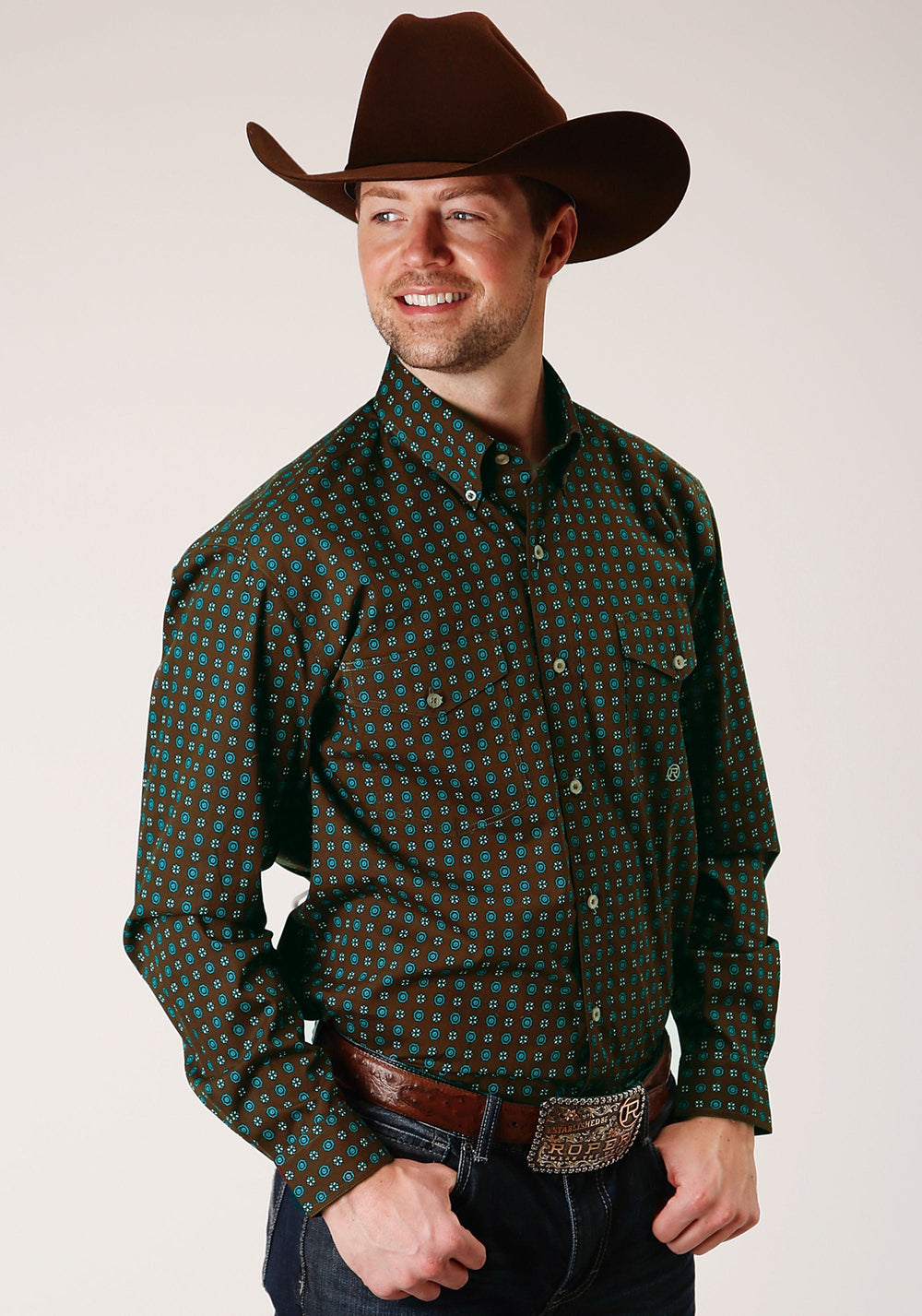Roper Mens Long Sleeve Button Chocolate Agave Foulard Western Shirt - Roper
