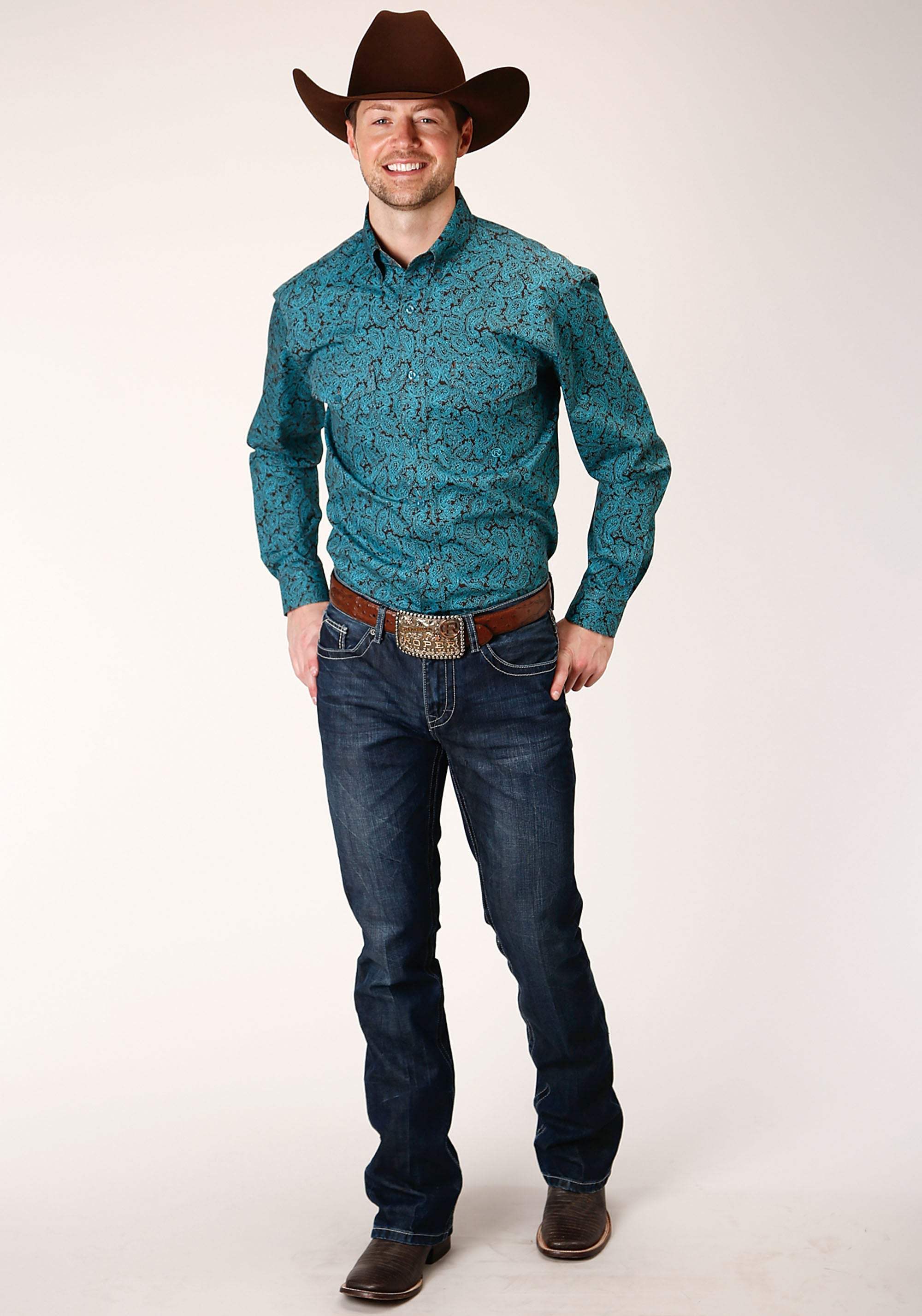 Roper Mens Long Sleeve Button Blue Agave Paisley Western Shirt - Roper - Flyclothing LLC