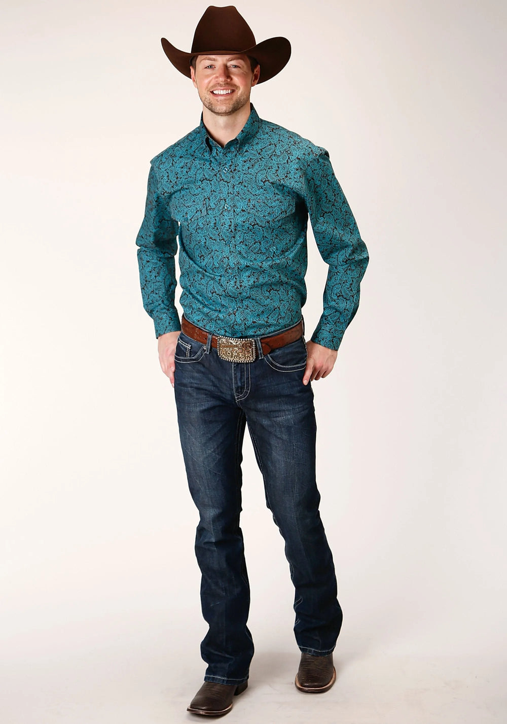 Roper Mens Long Sleeve Button Blue Agave Paisley Western Shirt - Roper