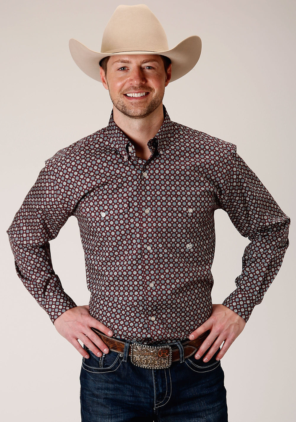 Roper Mens Long Sleeve Button Red Currant Foulard Western Shirt - Roper
