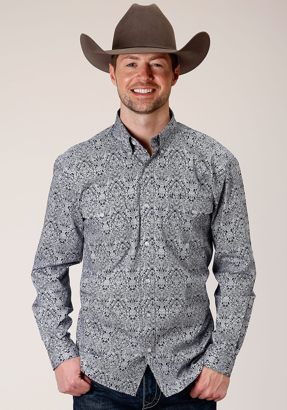 Roper Mens Long Sleeve Button Crystal Medallion Western Shirt - Roper