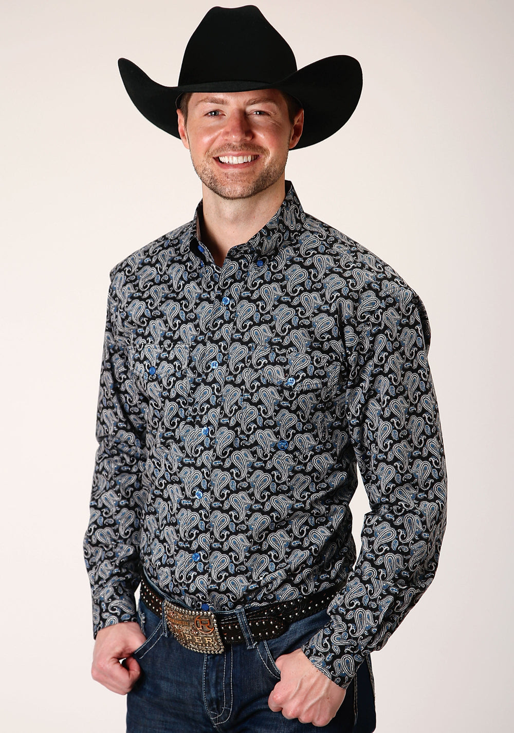Roper Mens Long Sleeve Button Starry Night Paisley Western Shirt - Roper