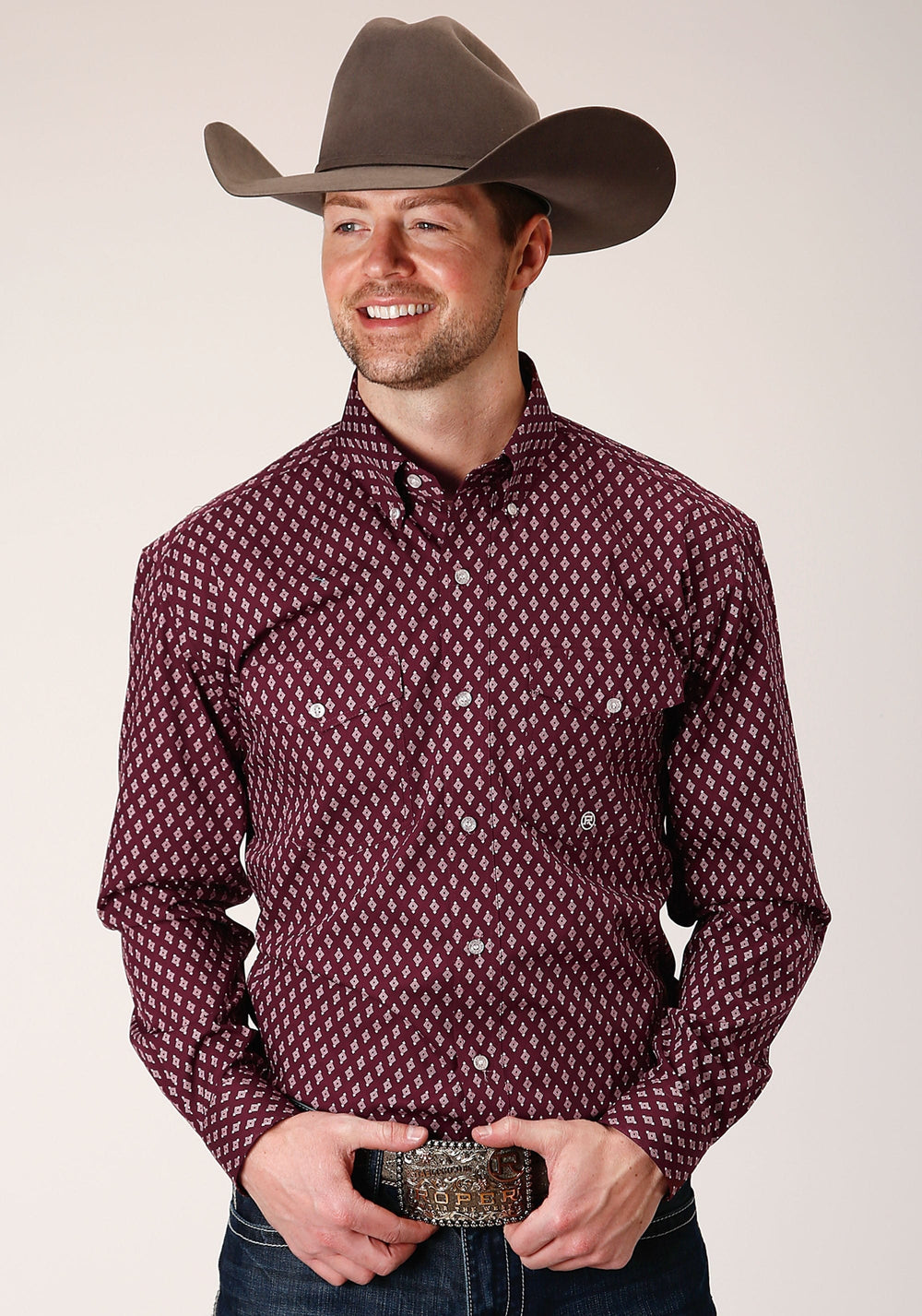 Roper Mens Long Sleeve Button Point Diamonds Wine Western Shirt - Roper