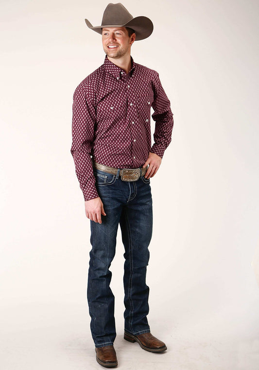 Roper Mens Long Sleeve Button Point Diamonds Wine Western Shirt - Roper - Flyclothing LLC