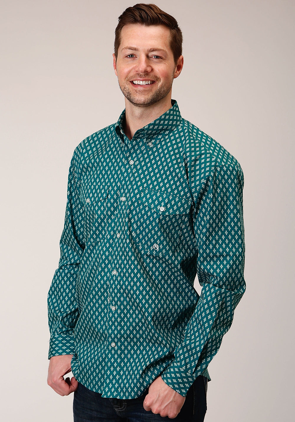 Roper Mens Long Sleeve Button Point Diamonds Teal Western Shirt - Roper