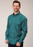 Roper Mens Long Sleeve Button Point Diamonds Teal Western Shirt - Roper