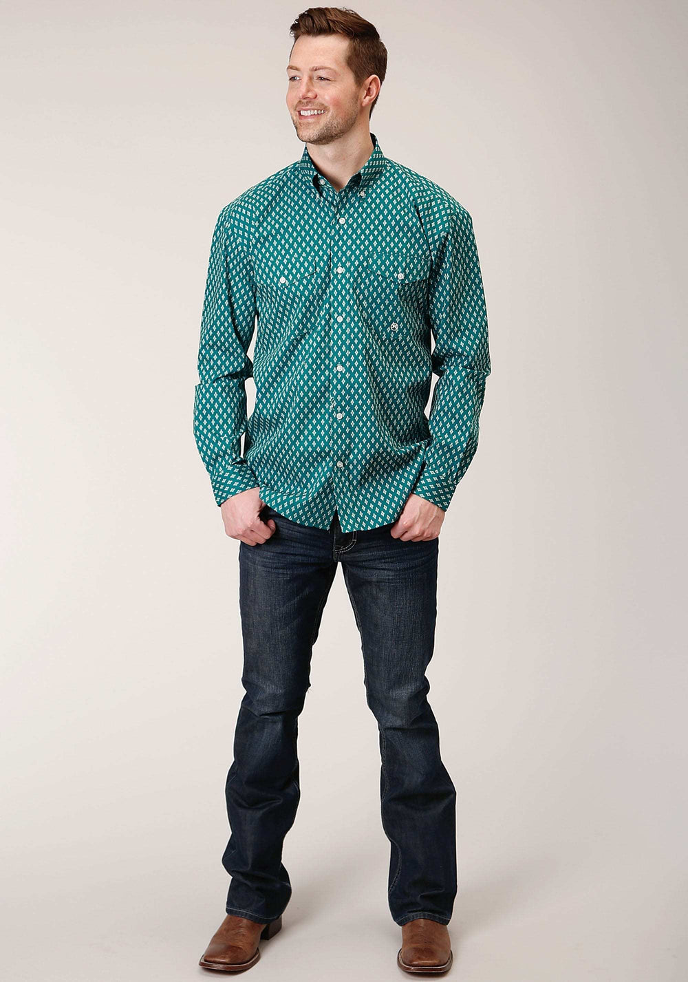 Roper Mens Long Sleeve Button Point Diamonds Teal Western Shirt - Roper - Flyclothing LLC