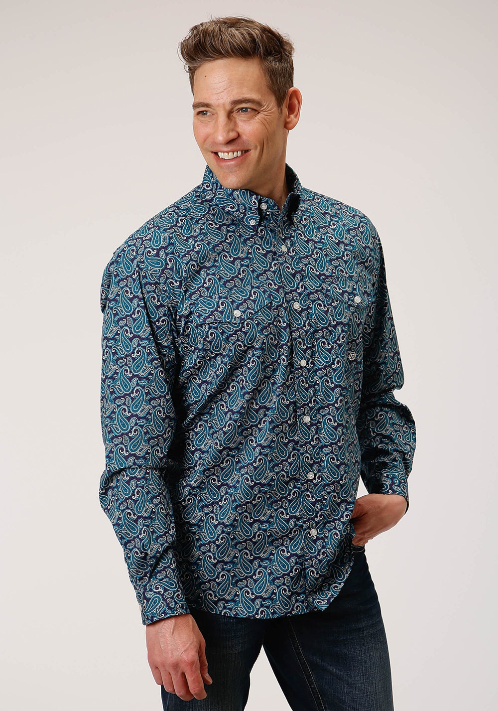 Roper Mens Long Sleeve Button Purple Sage Paisley Western Shirt - Roper