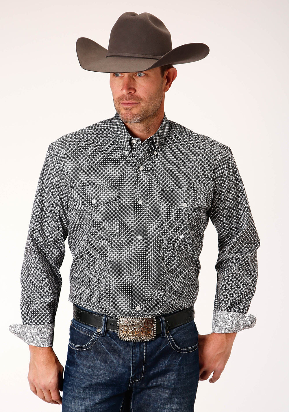 Roper Mens Long Sleeve Button Diamond Star Geo Western Shirt - Roper