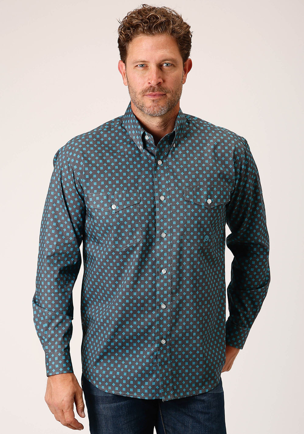 Roper Mens Long Sleeve Button Grey Cottage Foulard Western Shirt - Roper