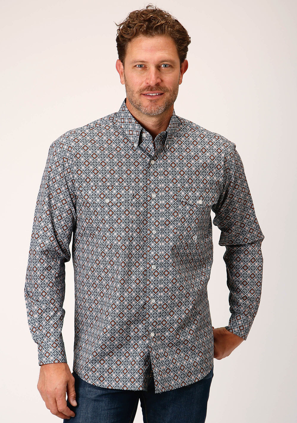 Roper Mens Long Sleeve Button Silver Foulard Western Shirt - Roper