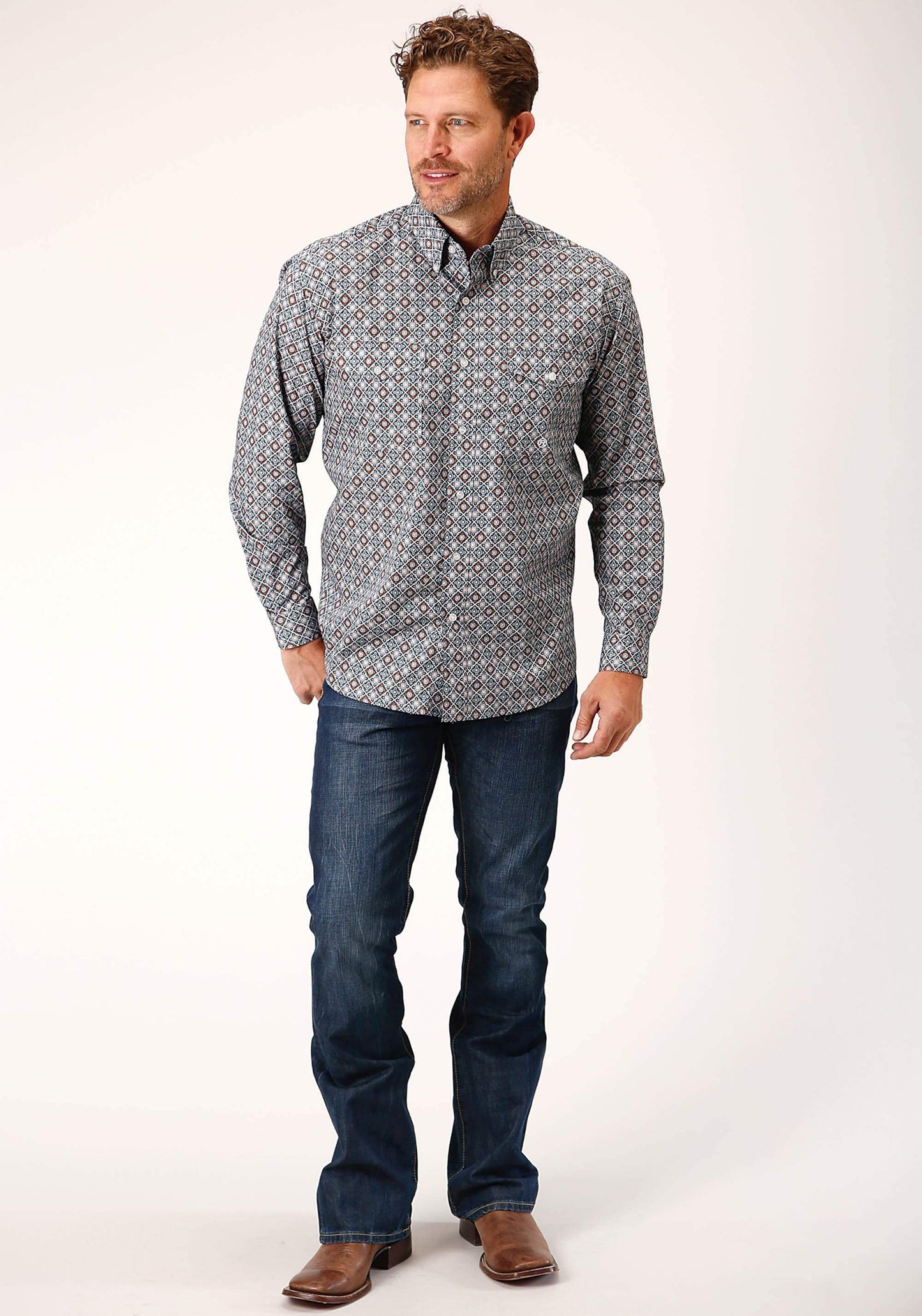 Roper Mens Long Sleeve Button Silver Foulard Western Shirt - Roper - Flyclothing LLC