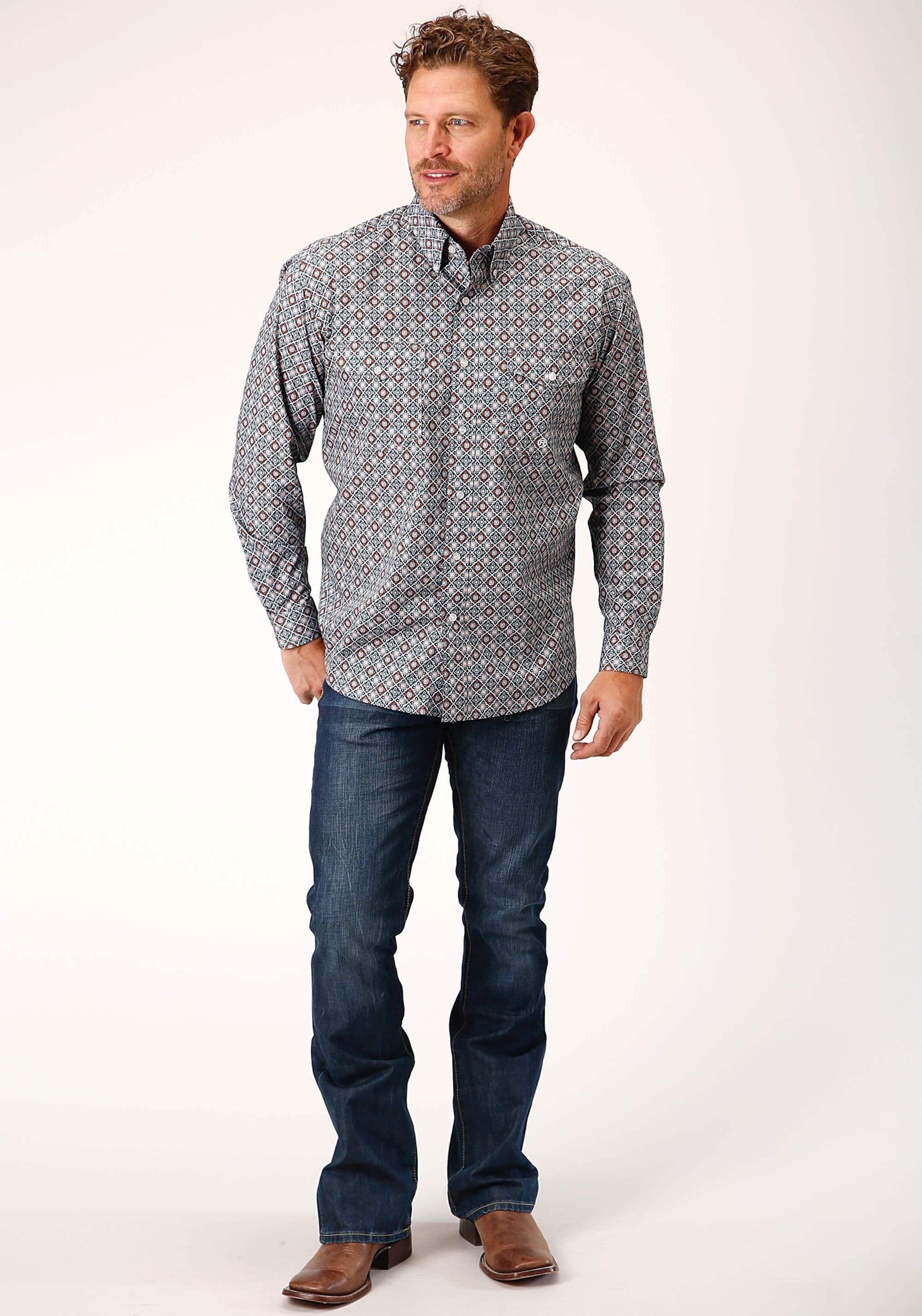 Roper Mens Long Sleeve Button Silver Foulard Western Shirt - Roper - Flyclothing LLC