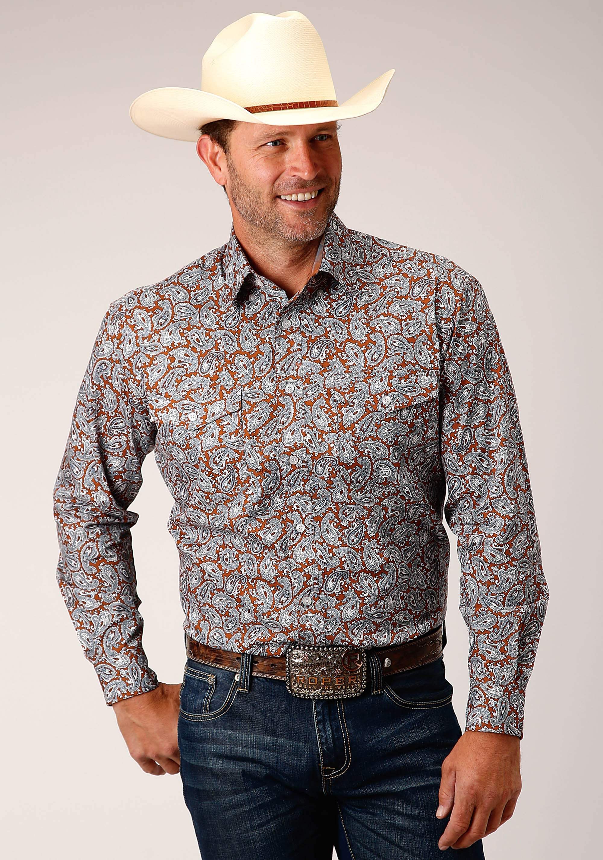 Roper Mens Long Sleeve Button Copper Spring Paisley Western Shirt - Roper - Flyclothing LLC