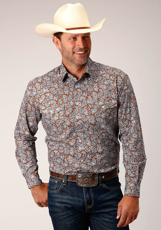Roper Mens Long Sleeve Button Copper Spring Paisley Western Shirt - Roper