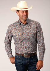 Roper Mens Long Sleeve Button Copper Spring Paisley Western Shirt - Roper