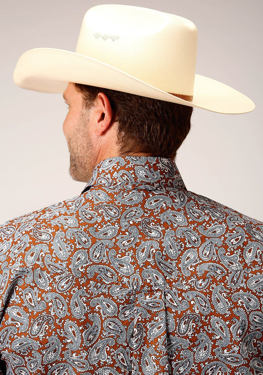 Roper Mens Long Sleeve Button Copper Spring Paisley Western Shirt - Roper