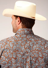 Roper Mens Long Sleeve Button Copper Spring Paisley Western Shirt - Roper