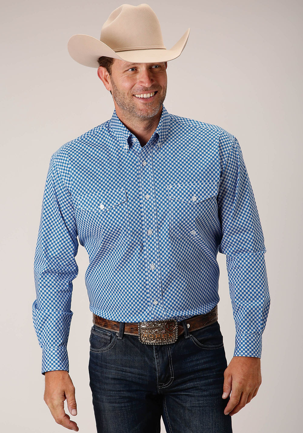 Roper Mens Long Sleeve Button Diamond Star Geo Blue Western Shirt - Roper