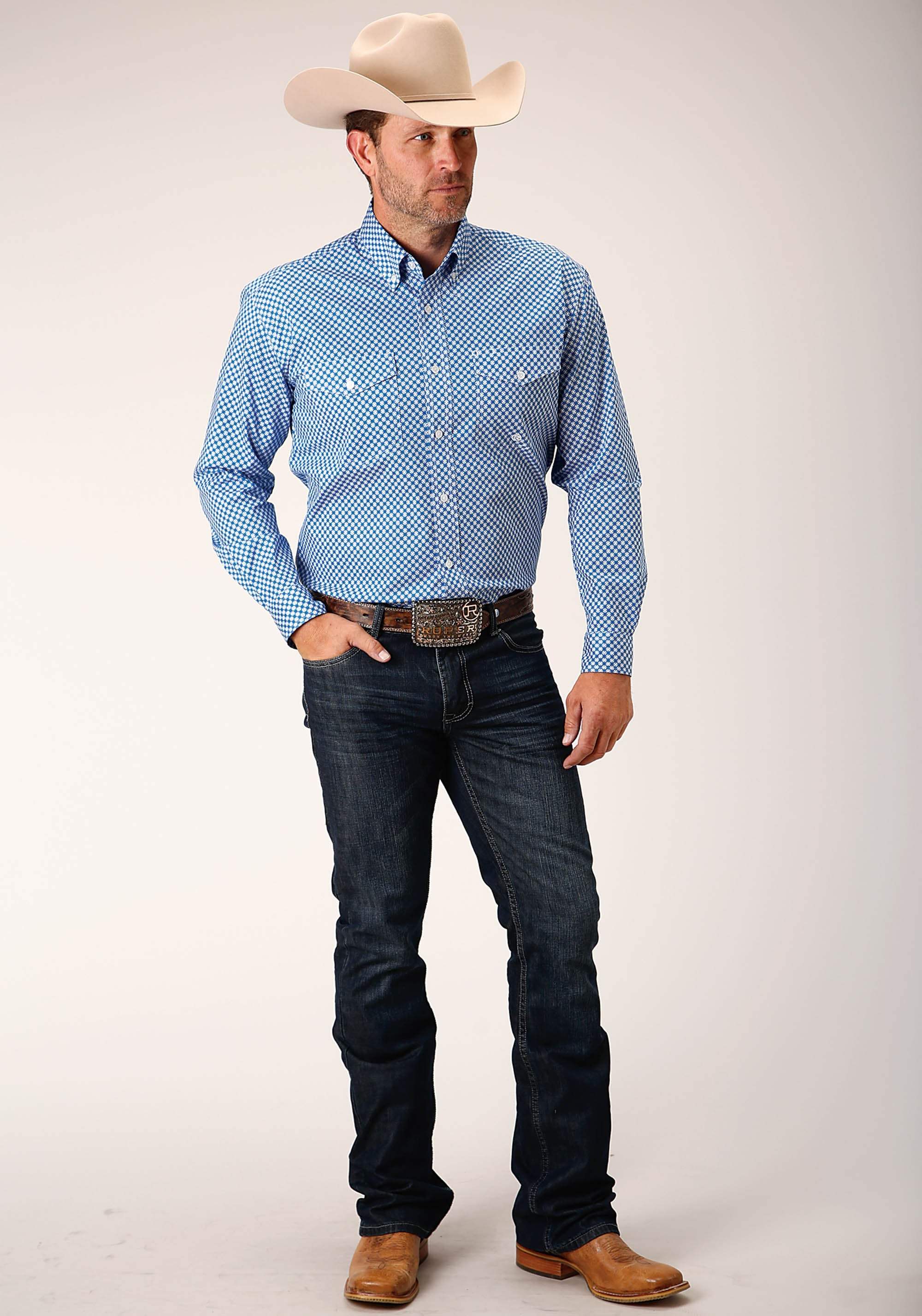 Roper Mens Long Sleeve Button Diamond Star Geo Blue Western Shirt - Roper - Flyclothing LLC