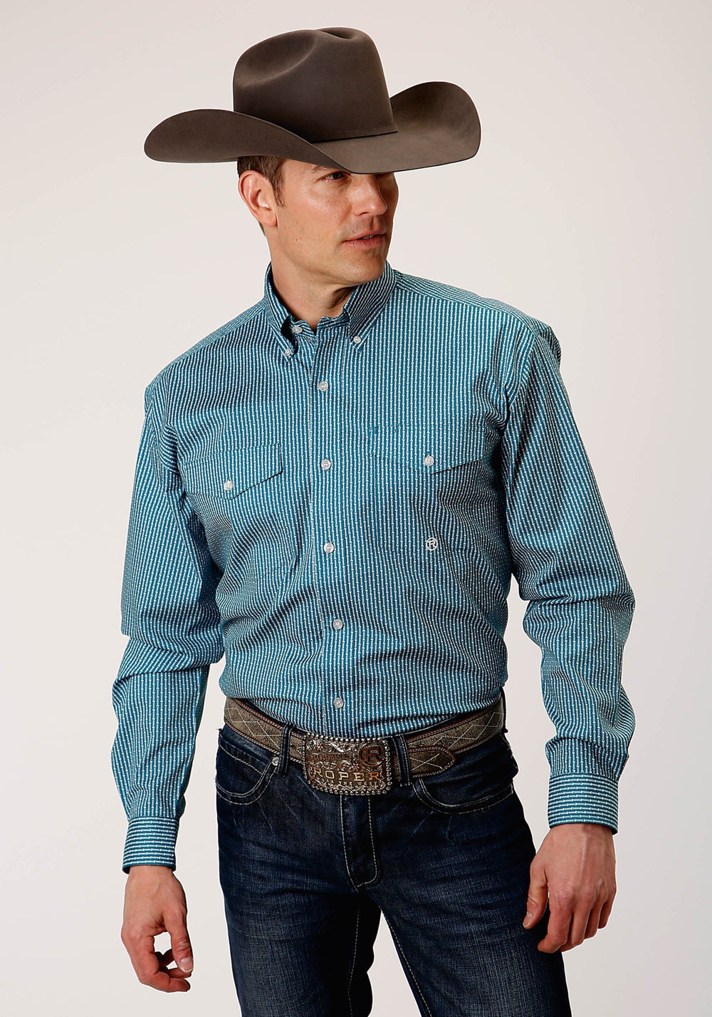 Roper Mens Long Sleeve Button Arrow Roper Print Teal Western Shirt - Roper