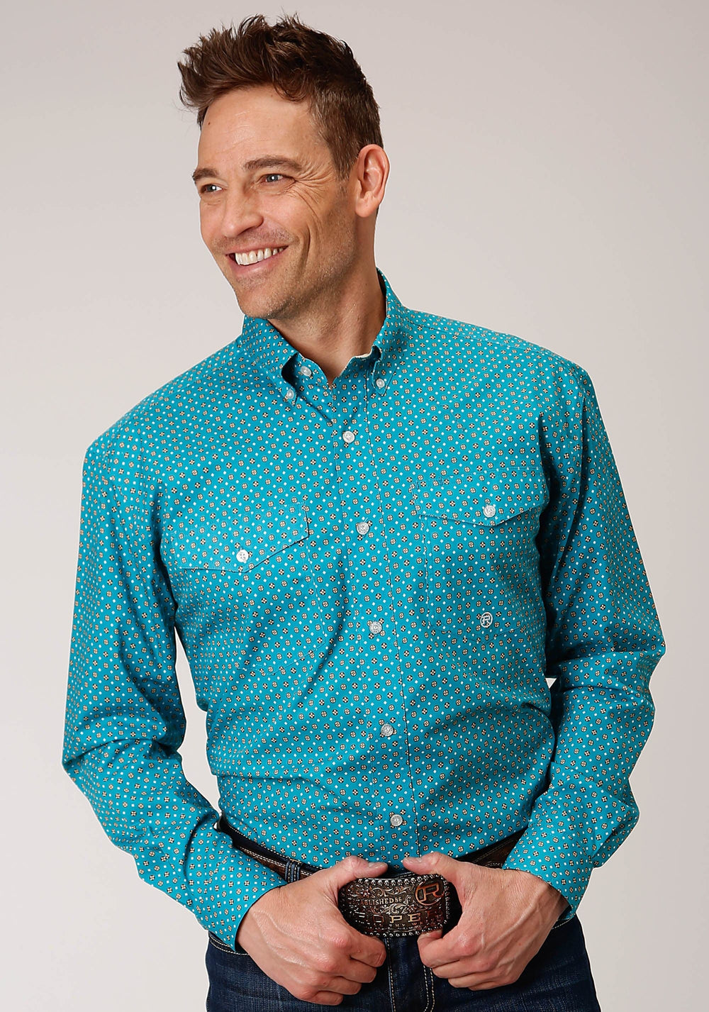 Roper Mens Long Sleeve Button Turquoise Foulard Western Shirt - Roper