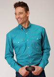 Roper Mens Long Sleeve Button Turquoise Foulard Western Shirt - Roper