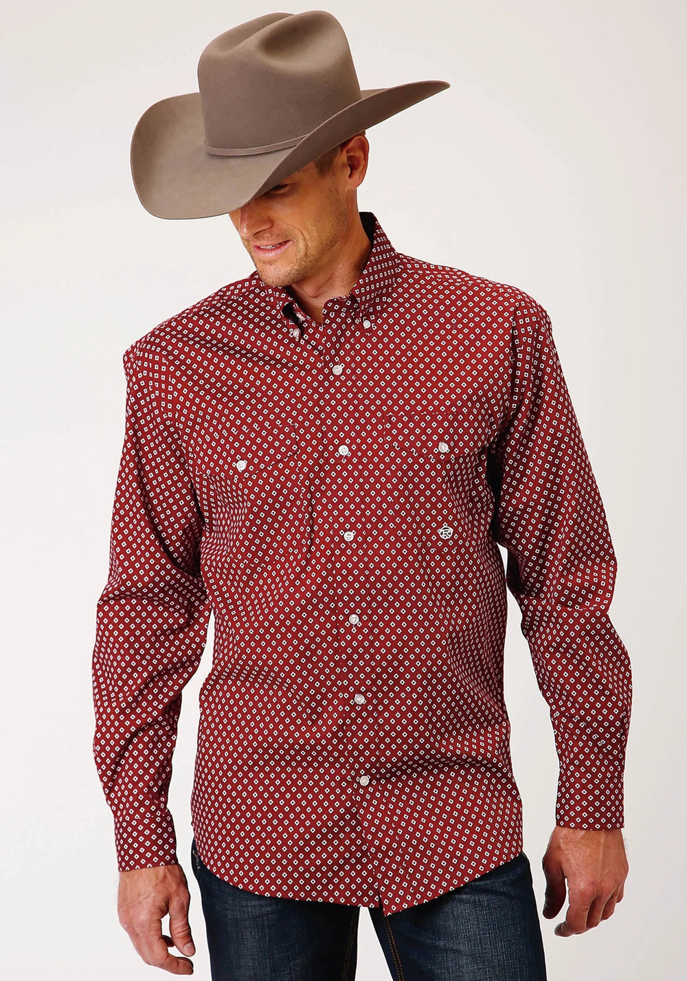 Roper Mens Long Sleeve Button Stretch Poplin Diamond Wine Western Shirt - Roper