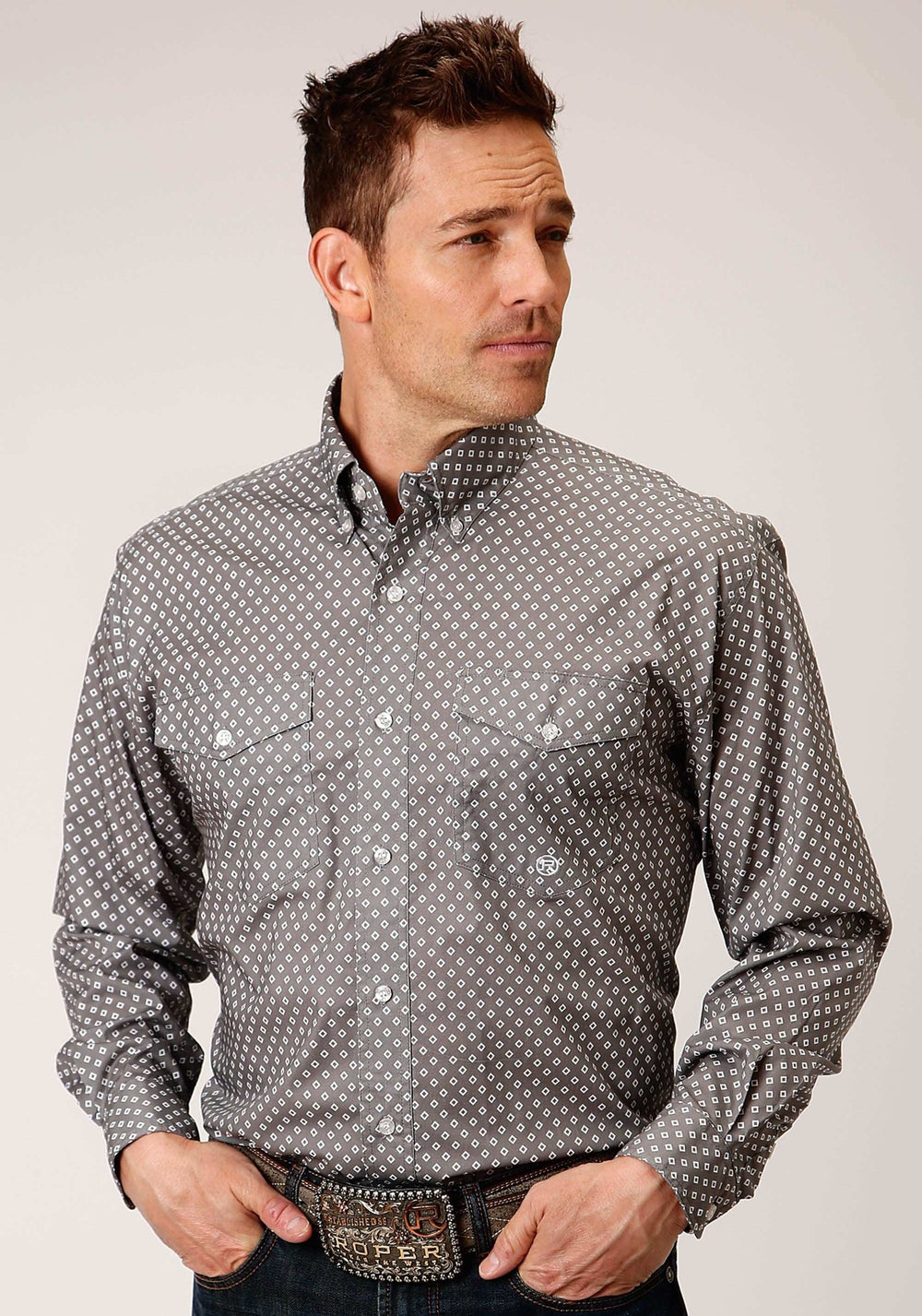 Roper Mens Long Sleeve Button Stretch Poplin Diamond Grey Western Shirt - Roper