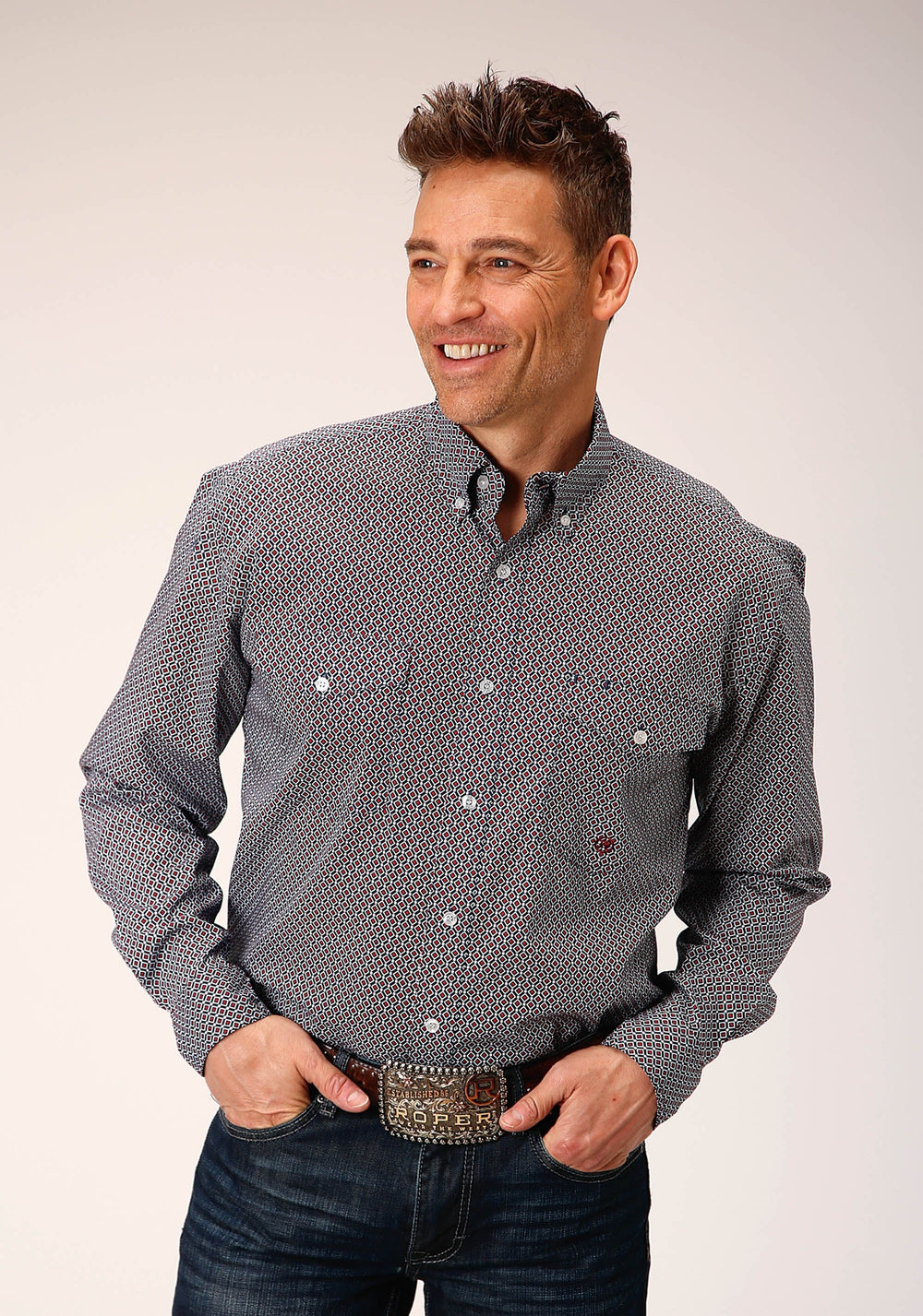 Roper Mens Long Sleeve Button Classic Geo Western Shirt - Roper