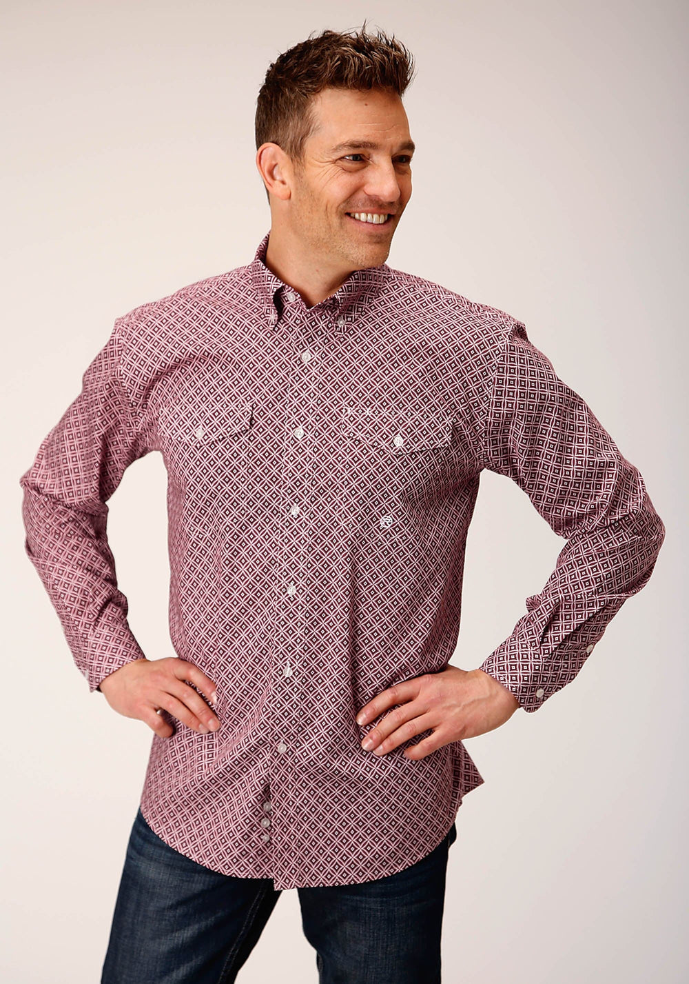 Roper Mens Long Sleeve Button Red Diamond Foulard Western Shirt - Roper