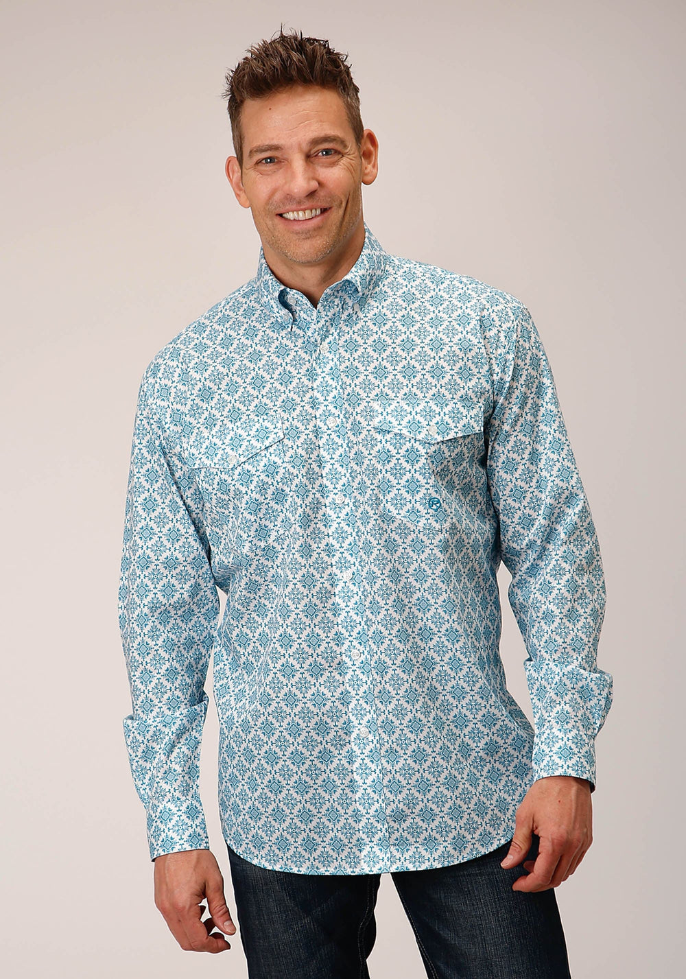 Roper Mens Long Sleeve Button Turquoise Medallion Western Shirt - Roper