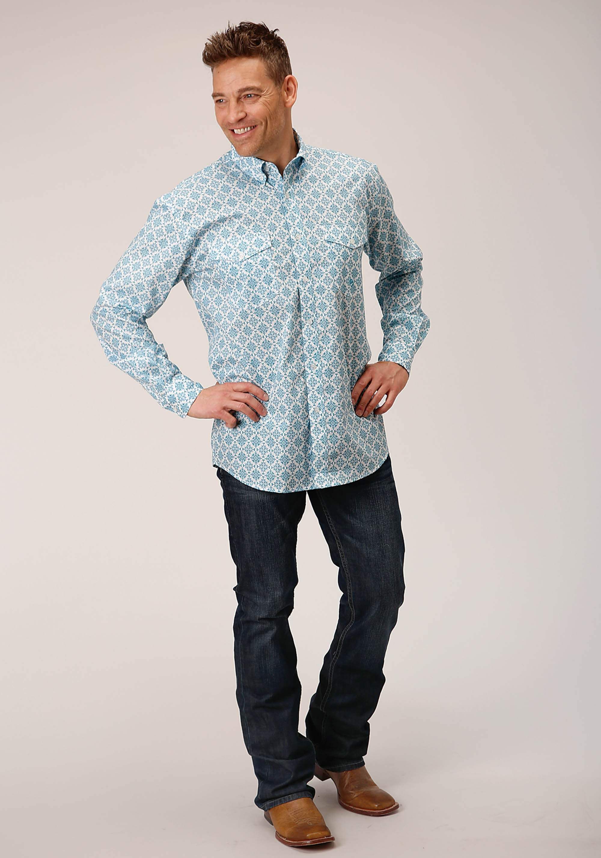 Roper Mens Long Sleeve Button Turquoise Medallion Western Shirt - Roper - Flyclothing LLC