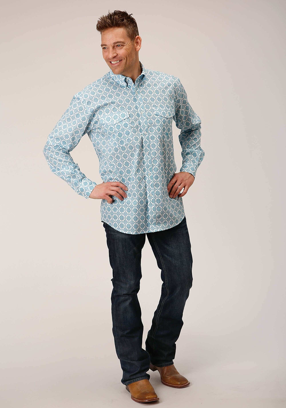 Roper Mens Long Sleeve Button Turquoise Medallion Western Shirt - Roper - Flyclothing LLC