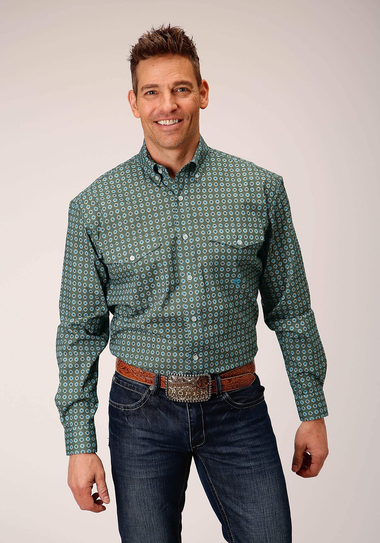 Roper Mens Long Sleeve Button Olive Foulard Western Shirt - Roper - Flyclothing LLC
