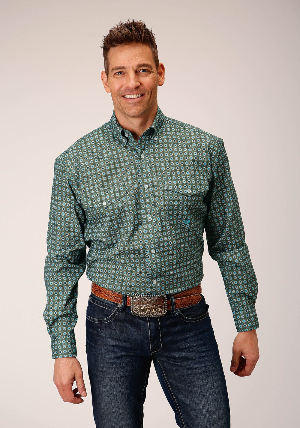 Roper Mens Long Sleeve Button Olive Foulard Western Shirt - Roper