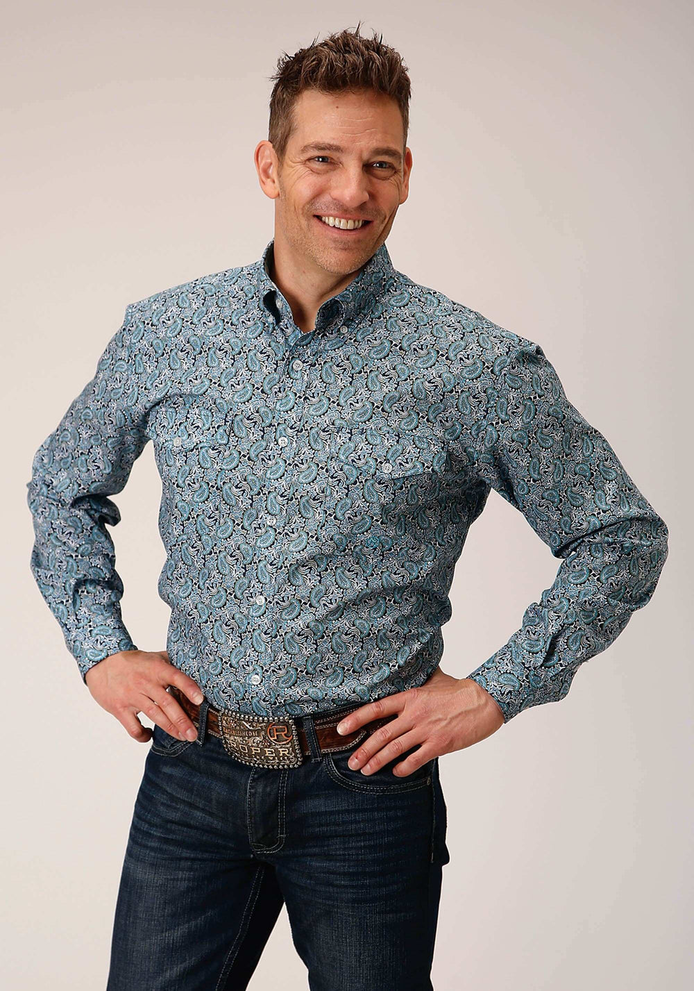 Roper Mens Long Sleeve Button Peacock Paisley Western Shirt - Roper