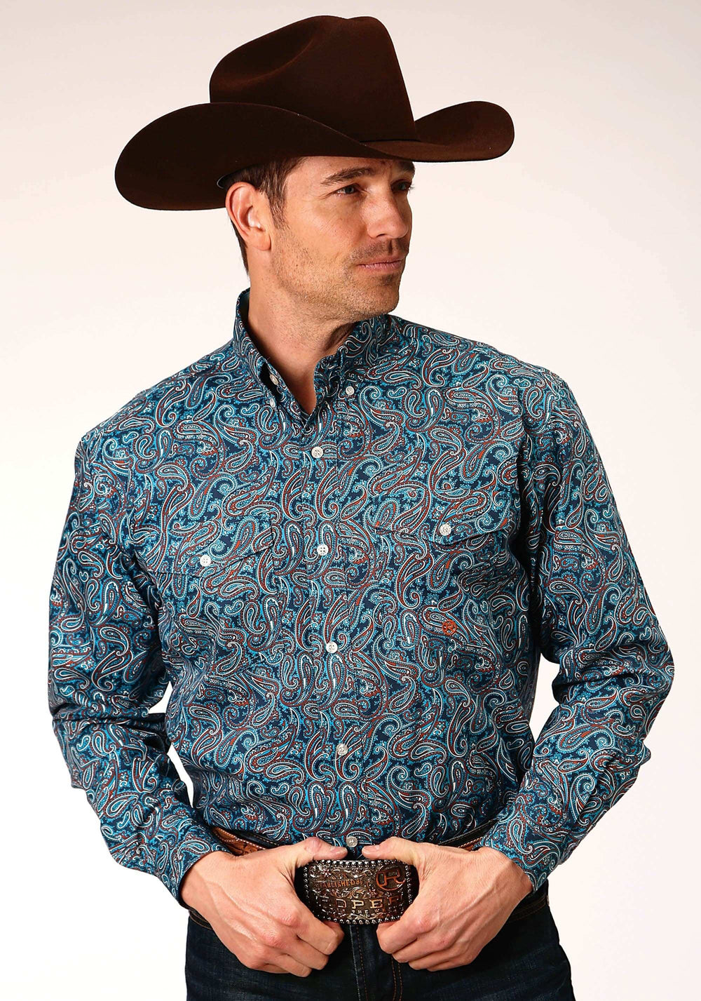 Roper Mens Long Sleeve Button Blue Canyon Paisley Western Shirt - Roper