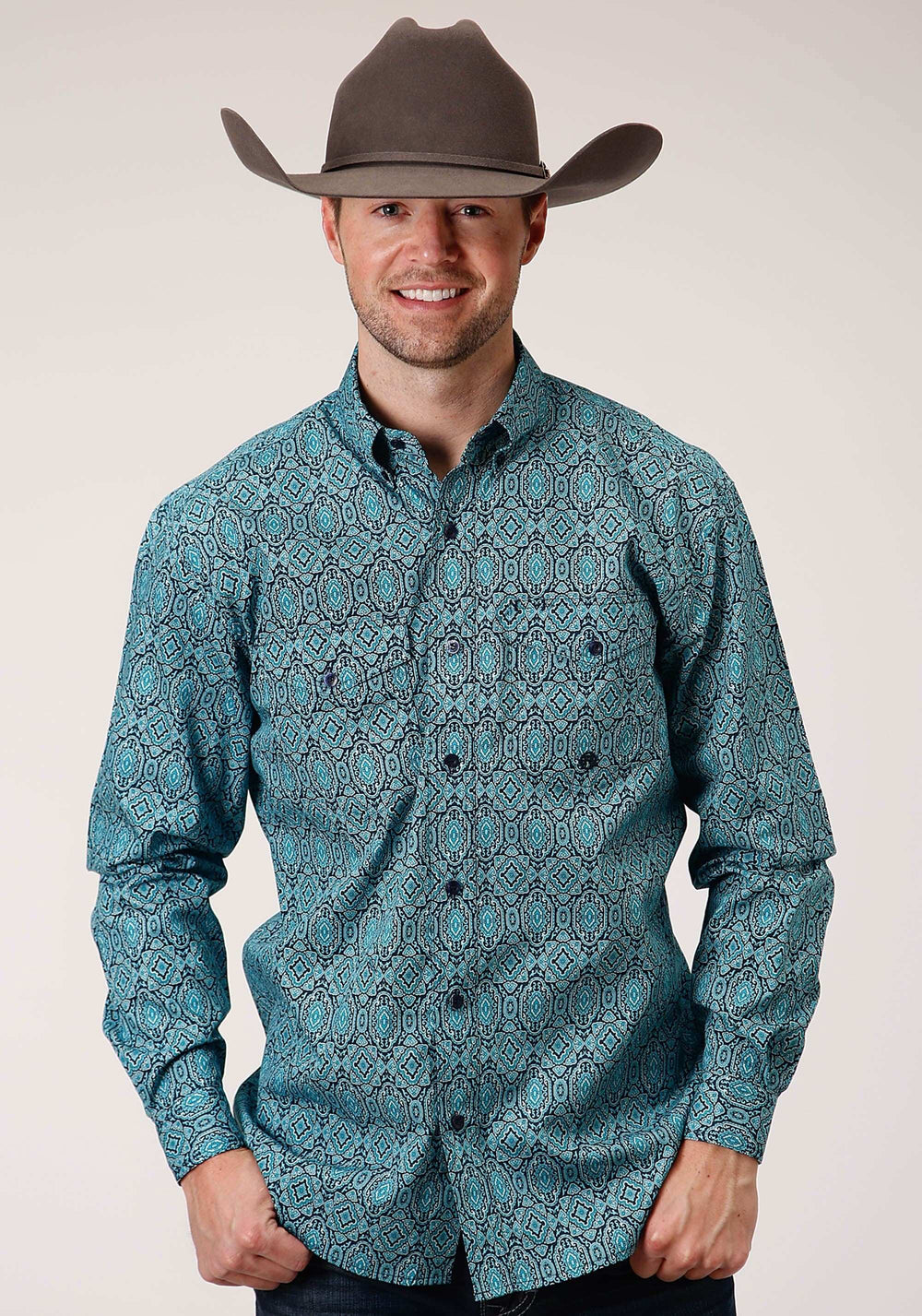 Roper Mens Long Sleeve Button Medallion Paisley Western Shirt - Roper